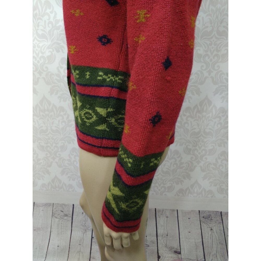 Vintage 90s Aztec Wool Cardigan Sweater Womens M Red Green Button Front - Picture 8 of 12